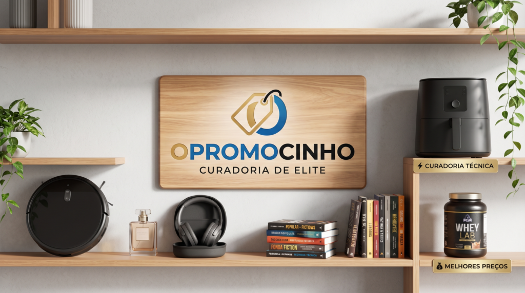 Cabeçalho do site O Promocinho mostrando uma prateleira organizada com produtos de tecnologia, beleza, cozinha e saúde, ao redor da logo OPromocinho Curadoria de Elite.