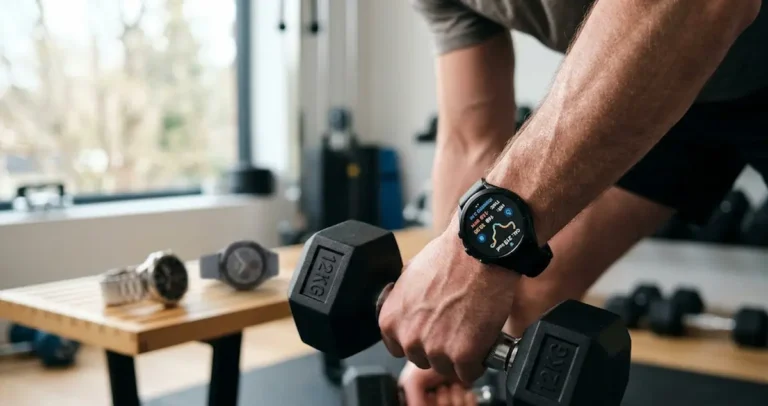 Pessoa usando smartwatch com tela AMOLED durante treino de academia, comparativo dos melhores modelos de 2026