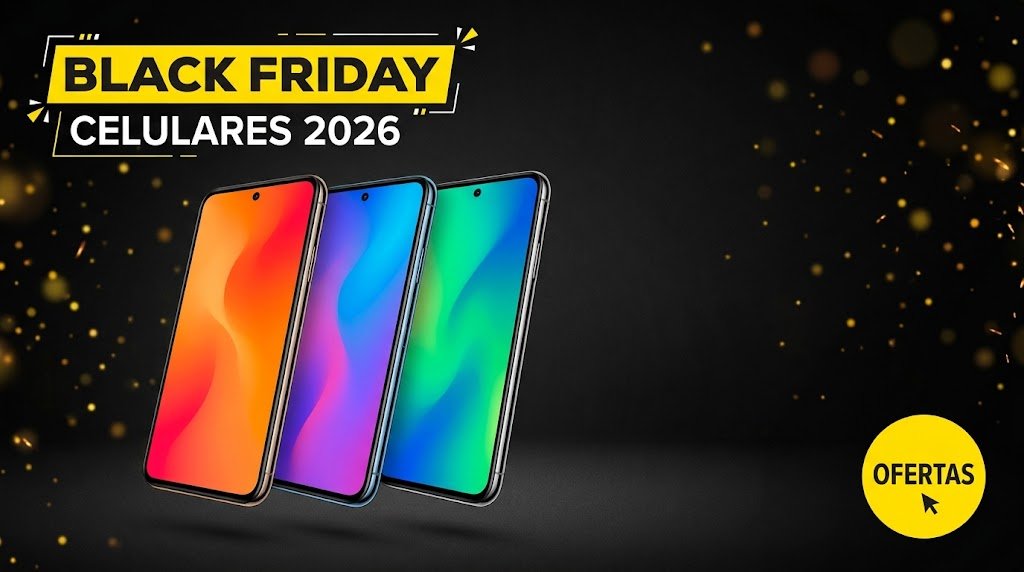 Celular Black Friday 2026: três smartphones modernos em destaque sobre fundo escuro com ofertas