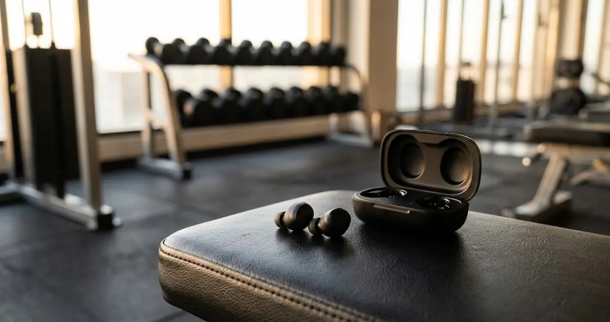 Fones de ouvido bluetooth e garrafa de água em uma bancada de treino na academia